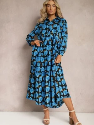 Niebiesko-Czarna Rozkloszowana Sukienka z Falbaną na Dole i Wzorem w Abstrakcyjne Róże Renaisse cflo