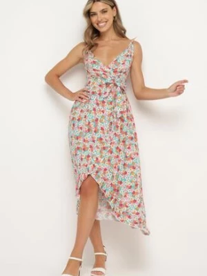 Niebiesko-Czerwona Bawełniana Sukienka na Ramiączkach z Kopertowym Dekoltem i Asymetrycznym Rozcięciem Xiloa generation