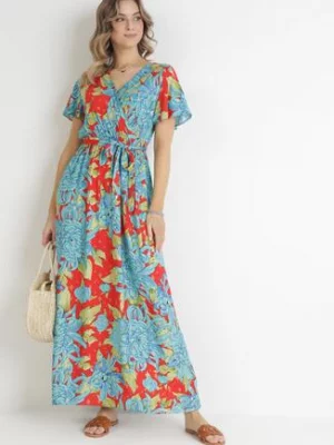 Niebiesko-Czerwona Kopertowa Sukienka Maxi z Gumką w Pasie w Kwiaty z Wiskozy Aryna cflo