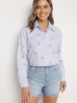 Niebiesko-Czerwona Koszula o Kroju Oversize w Paski Zdobiona Haftem w Serca Nitariena melya by melody