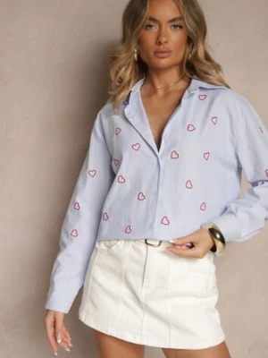 Niebiesko-Czerwona Koszula Oversize w Prążki Zdobiona Haftem w Serca Nitavela