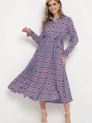 Niebiesko-Czerwona Rozkloszowana Sukienka Koszulowa w Geometryczny Print Larissam