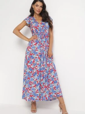 Niebiesko-Czerwona Rozkloszowana Sukienka Maxi w Kwiaty Illuma