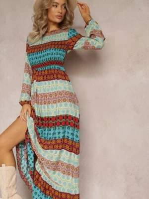 Niebiesko-Czerwona Rozkloszowana Sukienka Maxi z Falbanką na Dole Angon rosa