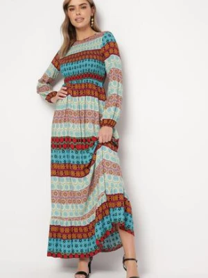 Niebiesko-Czerwona Sukienka Maxi z Marszczoną Górą i Długim Rękawem Haari rosa