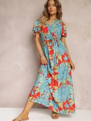 Niebiesko-Czerwona Wiskozowa Sukienka Maxi z Kopertowym Dekoltem z Gumką w Talii Lynette cflo