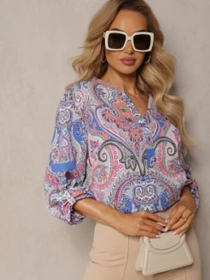 Niebiesko-Fioletowa Bluzka Koszula z Kolorowym Ornamentalnym Wzorem i Guzikami Przy Dekolcie Adelra christy
