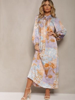 Niebiesko-Fioletowa Długa Sukienka z Szerokimi Rękawami z Gumką i Ozdobnym Marszczeniem Tamiafe unigirl