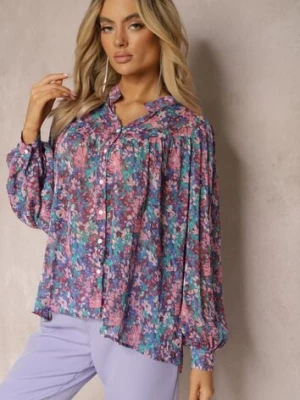 Niebiesko-Fioletowa Koszula w Kwiatowy Wzór z Prześwitującej Tkaniny Omertala retro & icone
