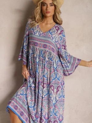 Zdjęcie produktu Niebiesko-Fioletowa Rozkloszowana Sukienka we Wzór Paisley z Rękawem 3/4 Briarwa