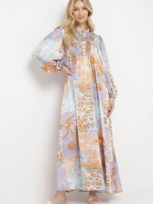 Niebiesko-Fioletowa Rozkloszowana Sukienka Zapinana na Guziki Ozdobiona Marszczoną Gumką Soraffe unigirl