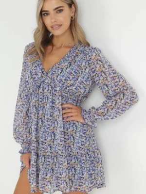 Niebiesko-Fioletowa Sukienka Mini z Falbanką i Gumką w Pasie Annis retro & icone