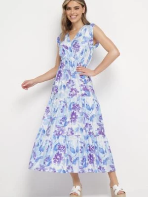 Niebiesko-Fioletowa Sukienka z Kopertowym Dekoltem z Gumką w Pasie i Wiązaniem z Tyłu Mellinda