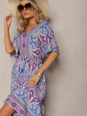 Niebiesko-Fuksjowa Wiskozowa Sukienka Maxi z Gumką w Pasie Ozdobiona Wzorem Paisley Larite cflo
