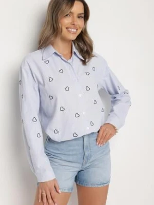 Niebiesko-Granatowa Koszula o Kroju Oversize w Paski Zdobiona Haftem w Serca Nitariena