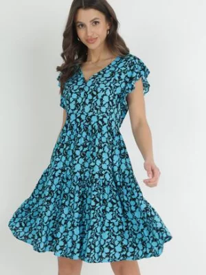 Niebiesko-Granatowa Sukienka Mini z Wiskozy z Falbanką Przy Ramionach i na Dole Jaysing cflo