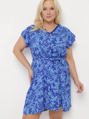 Niebiesko-Granatowa Sukienka o Pudełkowym Fasonie z Koronkową Wstawką i Materiałowym Paskiem Mleania melya by melody