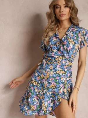 Niebiesko-Granatowa Wiskozowa Sukienka Mini z Kopertowym Dekoltem i Falbanką Nathalee cflo