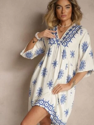 Niebiesko-Kremowa Sukienka Ozdobiona Ornamentalnym Wzorem z Wiskozą Daviloria rosa