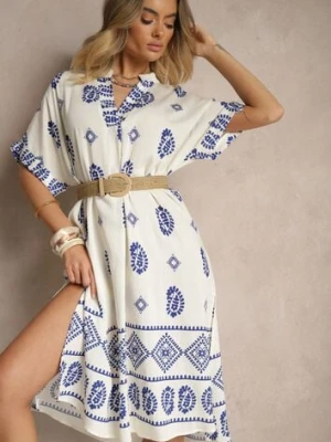 Niebiesko-Kremowa Sukienka z Wiskozy w Stylu Boho o Pudełkowym Kroju z Rozcięciami Virbia rosa