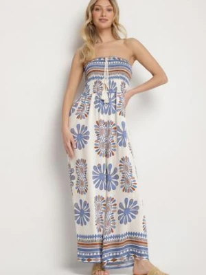 Niebiesko-Kremowy Kombinezon Bez Rękawów z Szeroką Nogawką w Ornamentalny Wzór Mirionia h&s