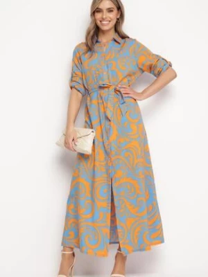 Niebiesko-Pomarańczowa Koszulowa Sukienka Maxi z Materiałowym Paskiem w Abstrakcyjne Wzory Terins
