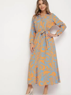 Niebiesko-Pomarańczowa Koszulowa Sukienka Maxi z Materiałowym Paskiem w Abstrakcyjne Wzory Terins cflo