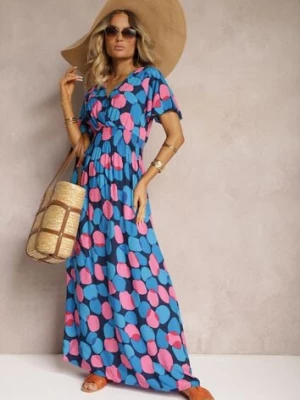 Niebiesko-Różowa Bawełniana Sukienka w Geometryczny Wzór z Kopertowym Dekoltem z Gumką w Pasie Fanelsea generation