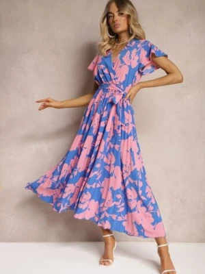 Niebiesko-Różowa Kopertowa Plisowana Sukienka Koktajlowa z Gumką i Paskiem w Talii Benelsea cflo