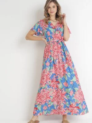 Niebiesko-Różowa Kopertowa Sukienka Maxi z Gumką w Pasie w Kwiaty z Wiskozy Aryna