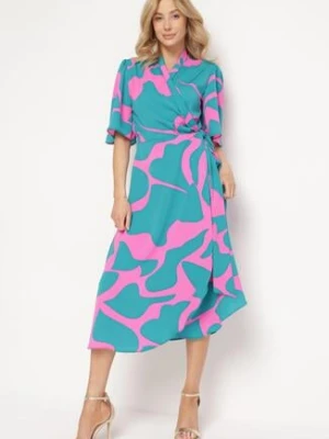 Niebiesko-Różowa Kopertowa Sukienka z Wiązaniem w Pasie Raviara retro & icone