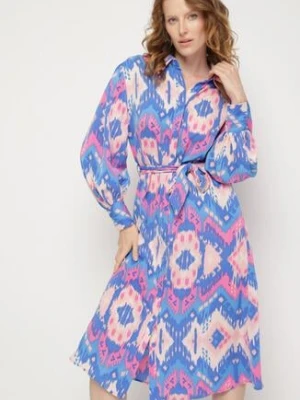 Niebiesko-Różowa Koszulowa Sukienka Midi z Etno Wzorem i Wiązanym Paskiem Mithera unigirl