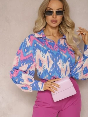 Niebiesko-Różowa Luźna Koszula ze Wzorem Etno i Bufiastymi Rękawami Kaelith unigirl