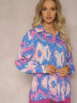 Niebiesko-Różowa Luźna Koszula ze Wzorem Etno i Bufiastymi Rękawami Kaelith unigirl