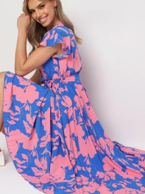 Niebiesko-Różowa Plisowana Koktajlowa Sukienka z Kopertowym Dekoltem Paskiem i Gumką w Talii Anelsea cflo
