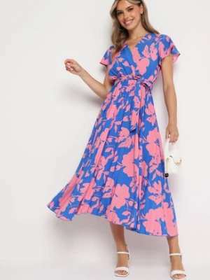 Niebiesko-Różowa Plisowana Koktajlowa Sukienka z Kopertowym Dekoltem Paskiem i Gumką w Talii Anelsea cflo