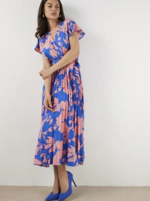 Niebiesko-Różowa Plisowana Koktajlowa Sukienka z Kopertowym Dekoltem Paskiem i Gumką w Talii Anelsea cflo