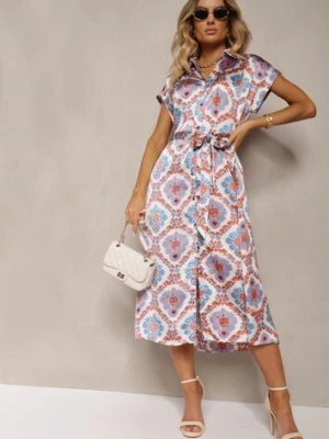 Niebiesko-Różowa Rozkloszowana Sukienka Boho z Wiskozą o Koszulowym Kroju Ozdobiona Paskiem Josofia unigirl