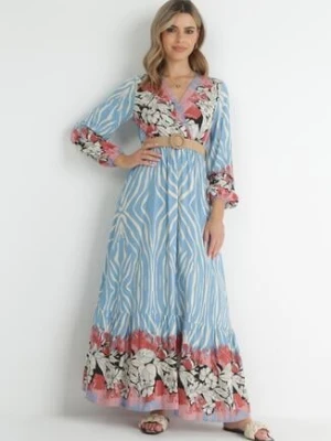 Niebiesko-Różowa Rozkloszowana Sukienka Maxi w Kwiaty z Paskiem Leondra rosa