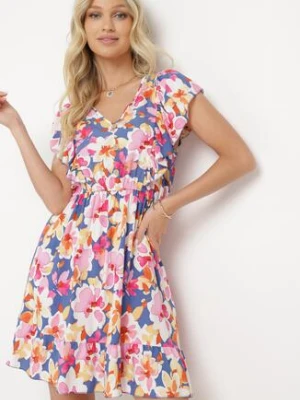 Niebiesko-Różowa Rozkloszowana Sukienka z Bawełny w Kwiaty z Gumką w Talii z Falbankami Nelsara defox