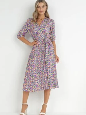 Niebiesko-Różowa Sukienka Maxi z Gumką w Pasie z Plisowanym Dołem Angelita retro & icone