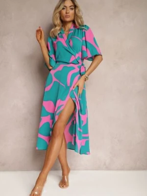 Niebiesko-Różowa Sukienka o Kopertowym Fasonie z Wiązaniem w Talii Uzilena retro & icone