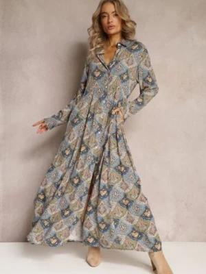 Niebiesko-Zielona Sukienka Koszulowa we Wzór Paisley Zeli rosa