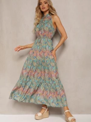Niebiesko-Zielona Sukienka w Stylu Boho Bez Rękawów z Gumką w Pasie i Wiązaniem przy Dekolcie Yisa sweet&girl