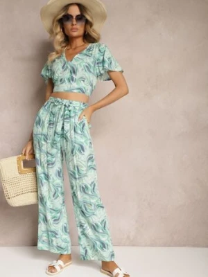 Niebiesko-Zielony Komplet z Bawełny Krótki Top o Koszulowym Kroju Spodnie z Gumką i Wiązaniem Areadia