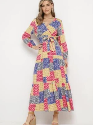 Niebiesko-Żółta Wiskozowa Sukienka z Kopertowym Dekoltem z Gumką w Pasie i Materiałowym Paskiem Fulina rosa