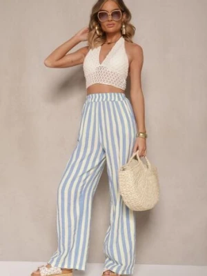 Niebiesko-Żółte Bawełniane Muślinowe Spodnie Szerokie High Waist w Paski Mavirise
