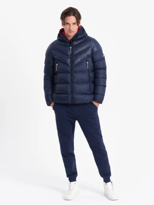 Nowoczesna pikowana męska kurtka z łączonych materiałów – granatowa V2 - Rozmiar: XL Ombre Clothing