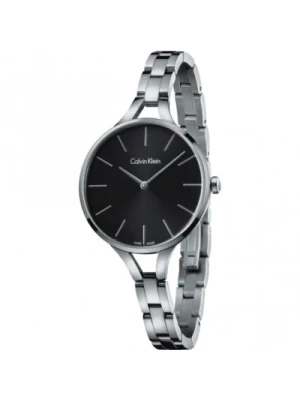 Nowoczesny Zegarek kwarcowy z czarną tarczą i srebrnym paskiem ze stali Calvin Klein