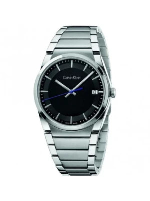 Nowoczesny Zegarek kwarcowy z czarną tarczą i srebrnym paskiem ze stali Calvin Klein